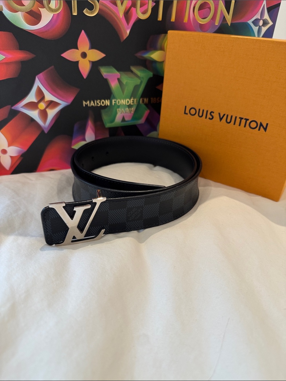 Louis Vuitton Gray Damier Graphite LV Initiales Belt with Silver Buckle